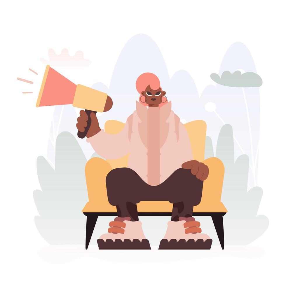 Locks in Voices in Activism, Energized lady with Bullhorn, Crush this thought Rally Subject. Trendy style, Vector Illustration
