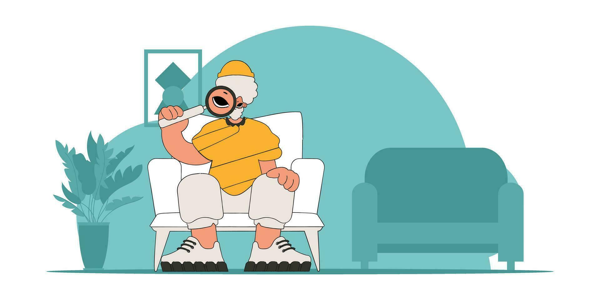 Concept Finding the necessary information on the Internet. The guy is holding a magnifying glass in his hands. Retro style character. vector