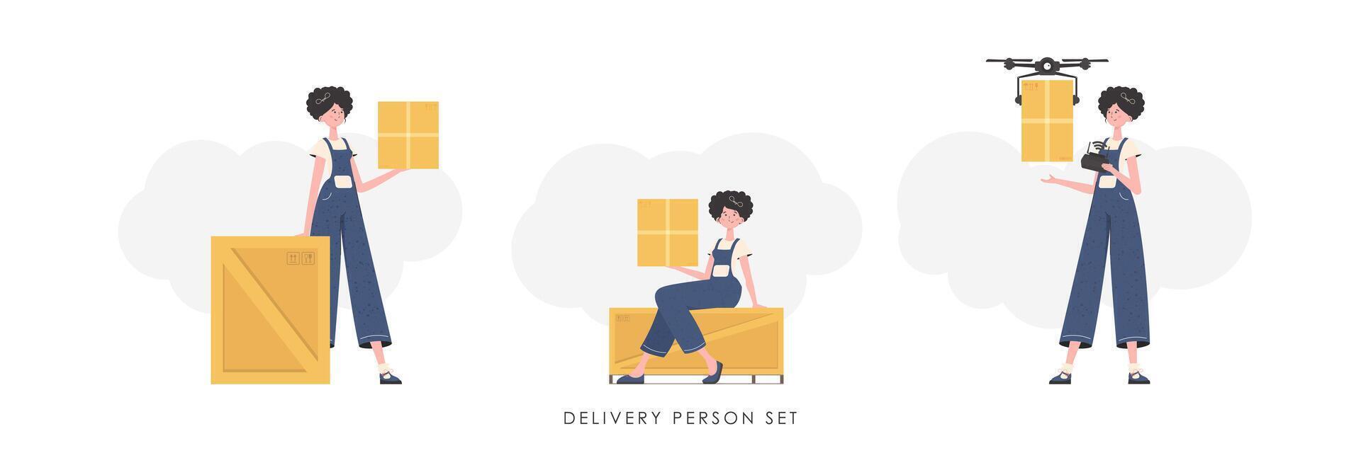 Set of a girl with a box and a parcel. The concept of cargo delivery. trendy style. . vector