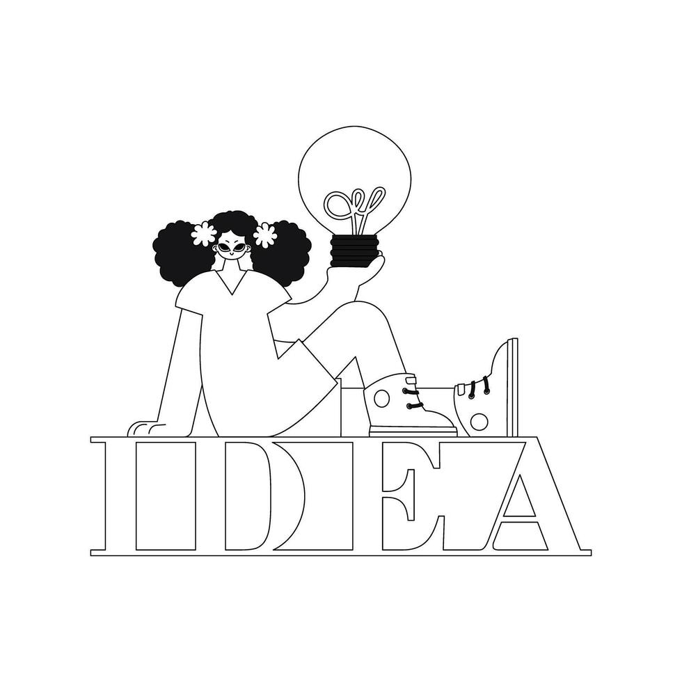 Girl holds lightbulb, symbolizing ideas. Linear vector illustration.