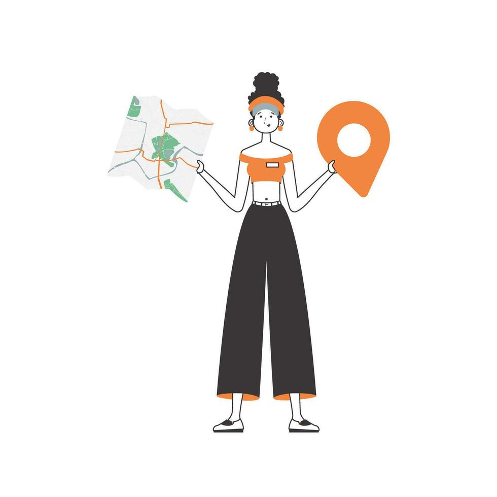 Girl with a map in her hands. Delivery concept. Linear trendy style. Isolated, vector illustration.