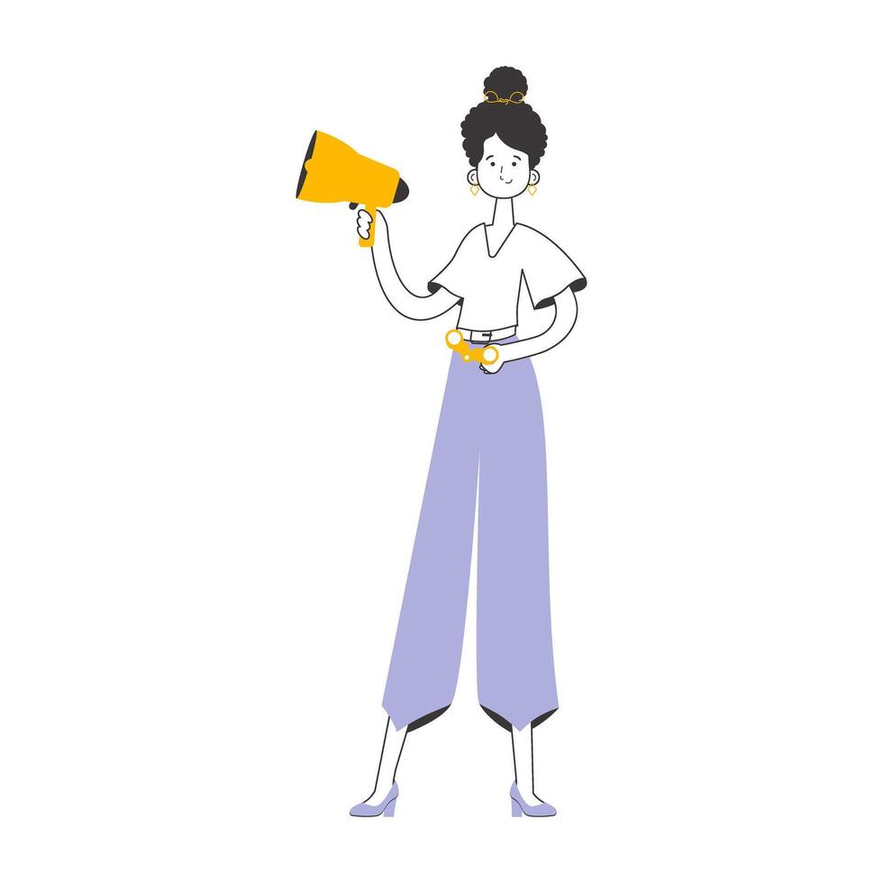 A woman holds a bullhorn and binoculars in her hands. Job Search Theme. H.R. Linear style. Isolated. Vector. vector