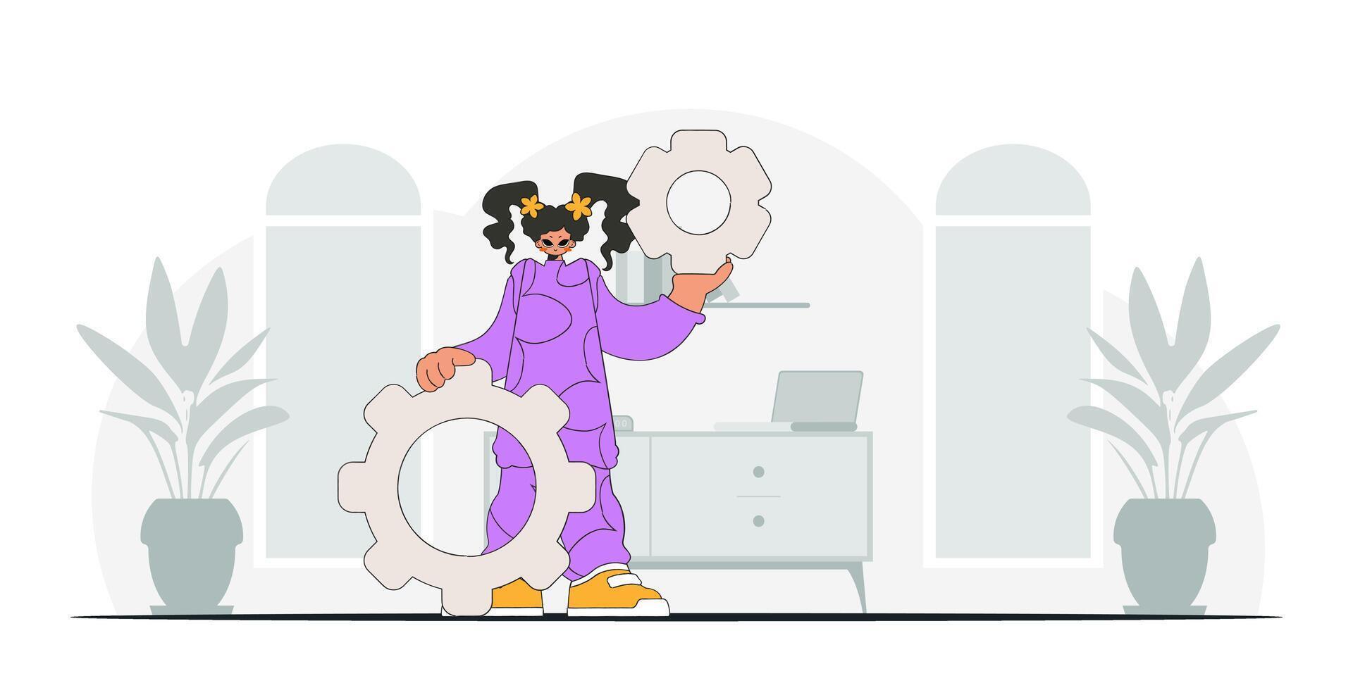 Fashionable woman holding gears. Idea theme. Retro trendy style. vector