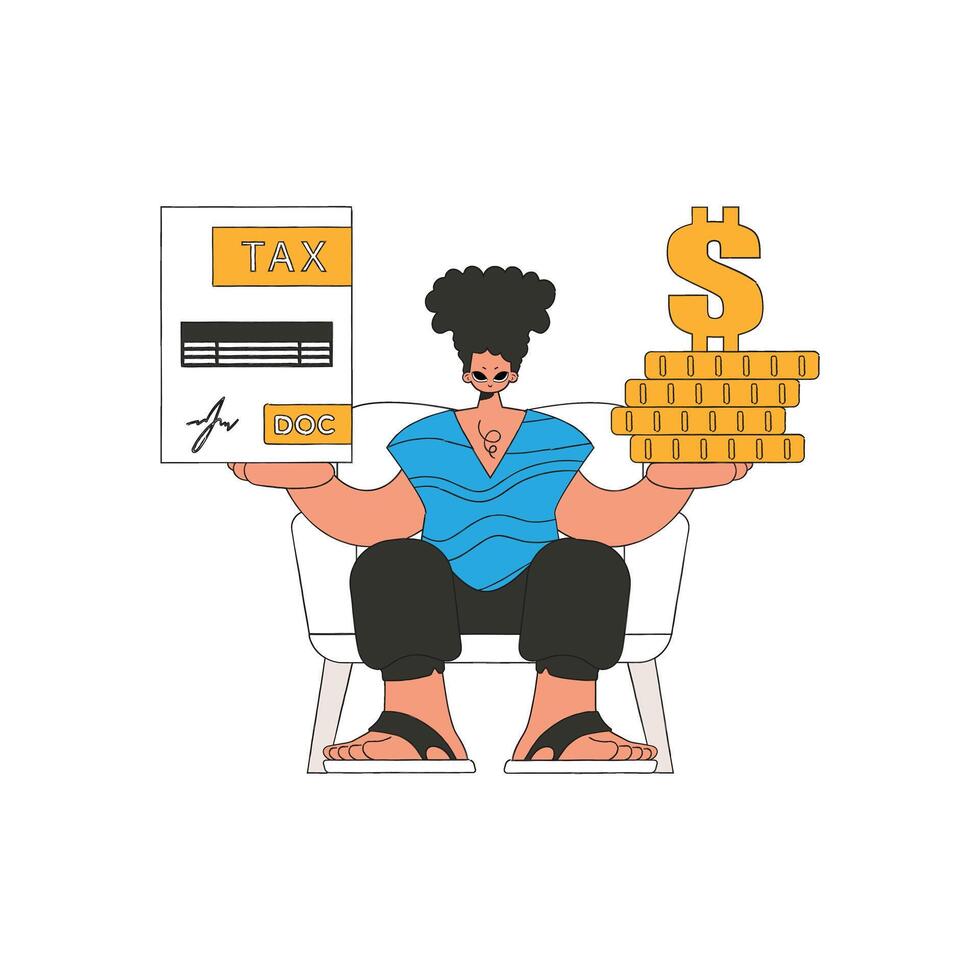 A trendy man is holding a tax form and coins in his hands. The topic of paying taxes. vector