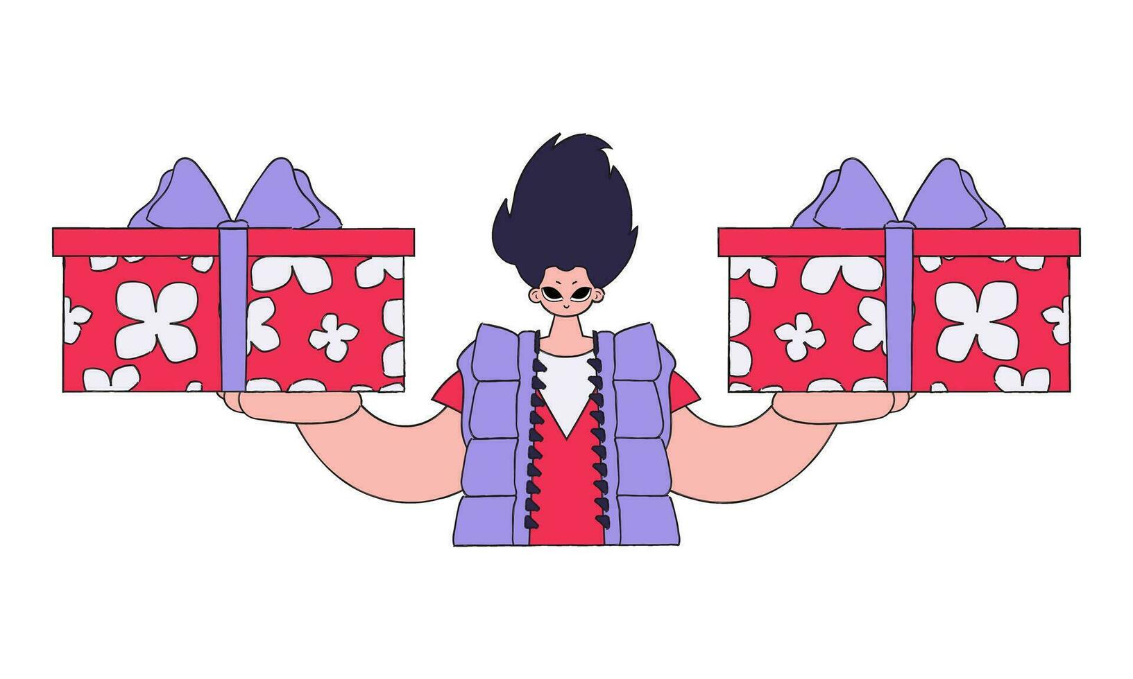 The guy is holding gifts. Holiday surprise concept. Character in the style of the 90s. vector