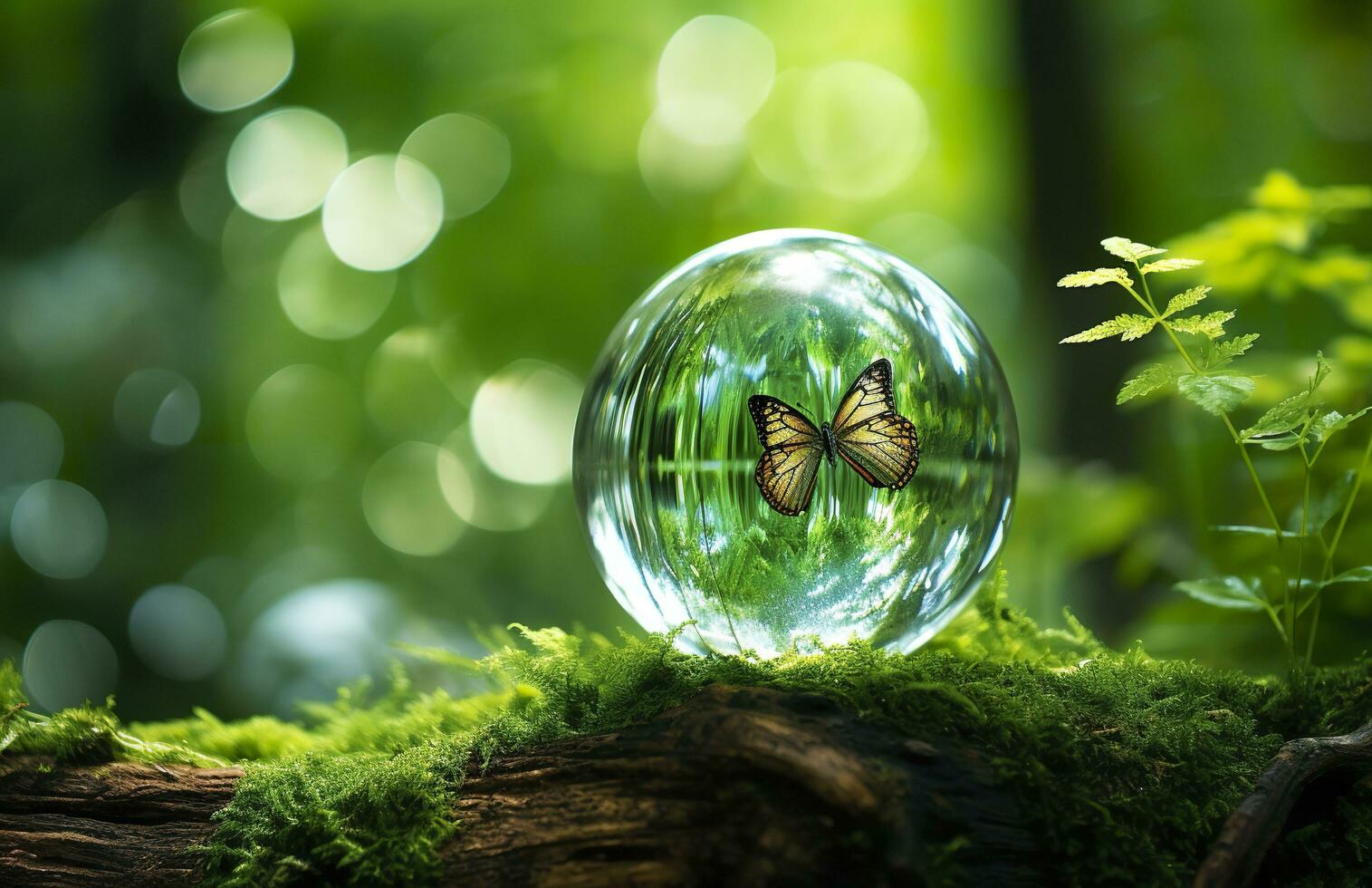 Butterfly and Crystal ball on a tree stump in the forest, natural green background. Generative AI photo