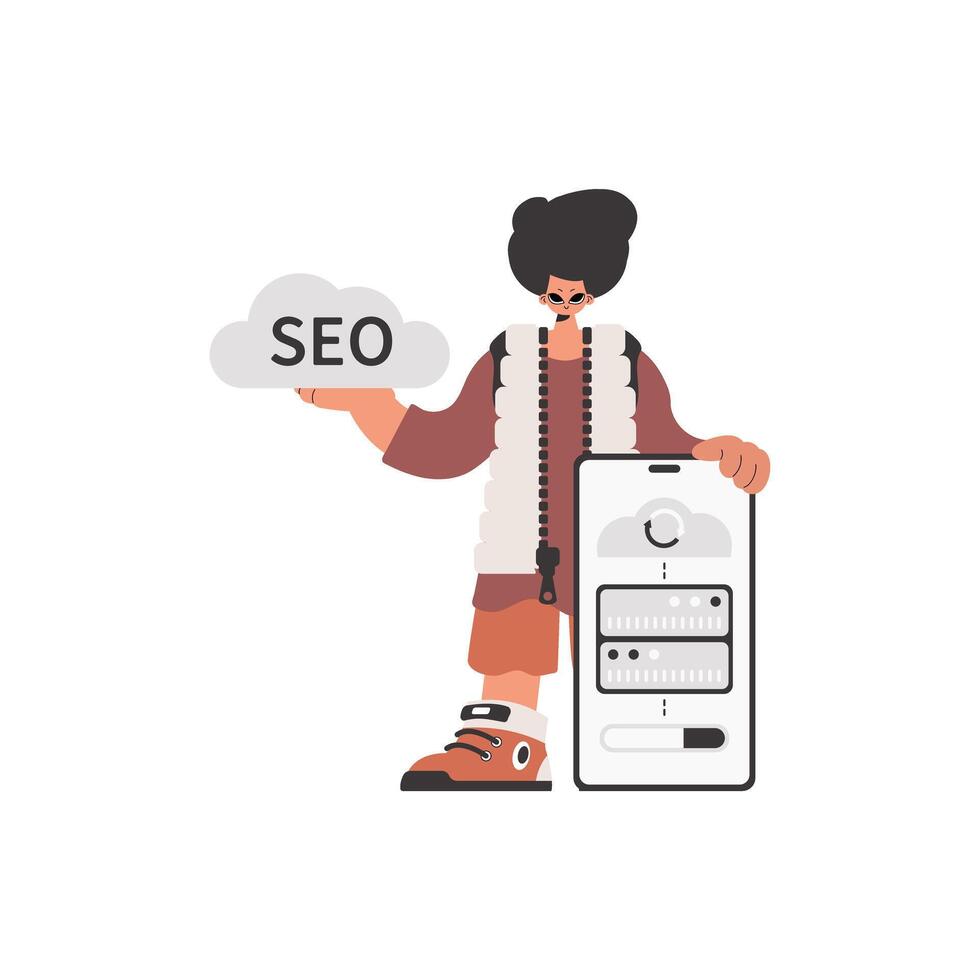 A man holding a smartphone with the word seo on it vector