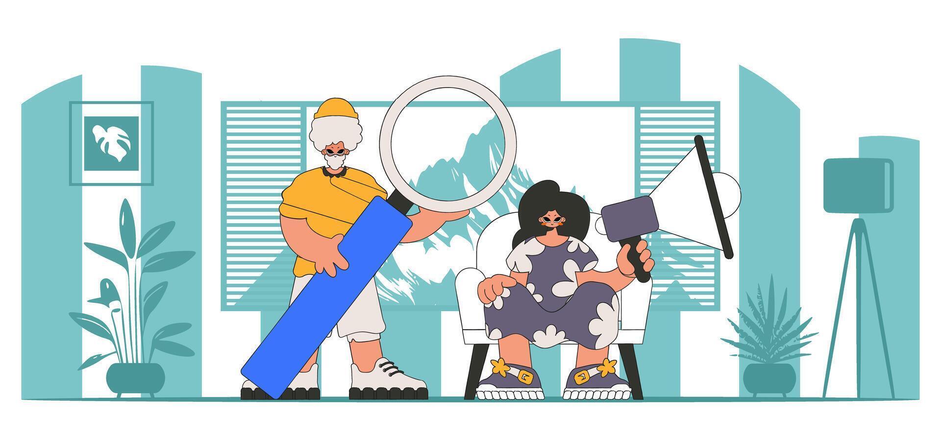 Vector illustration of HR representative team. Stylish girl sits in a chair and holds a megaphone in her hand.