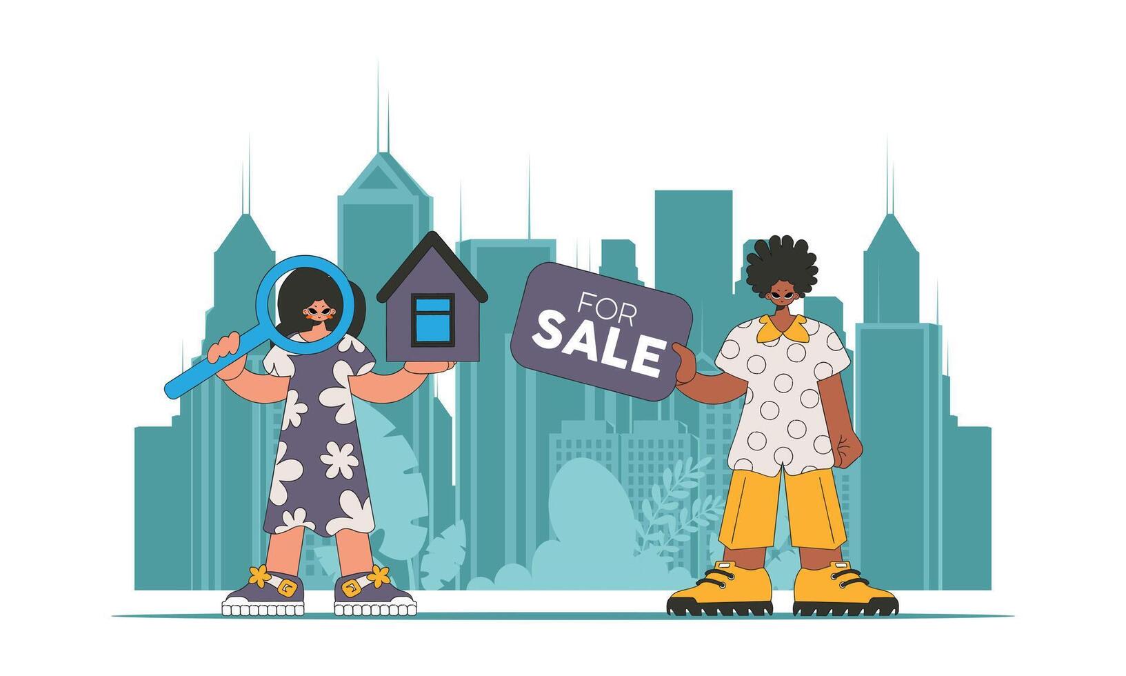 The concept of owning a home. Guy and girl real estate agent sells a house. vector