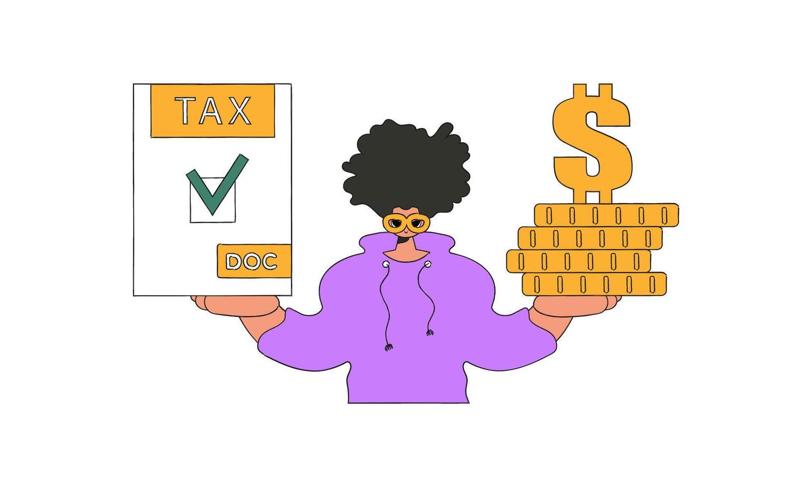 Stylish man holding tax form and coins in his hands. The topic of paying taxes. vector