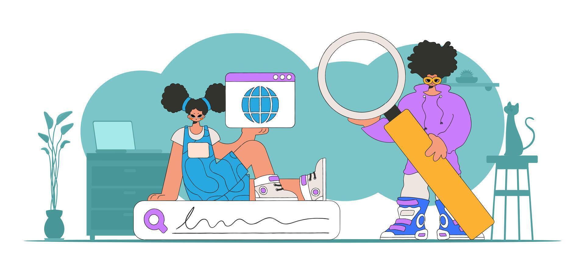 A bright and stylish illustration of a woman and a man looking for information. Modern character style. vector