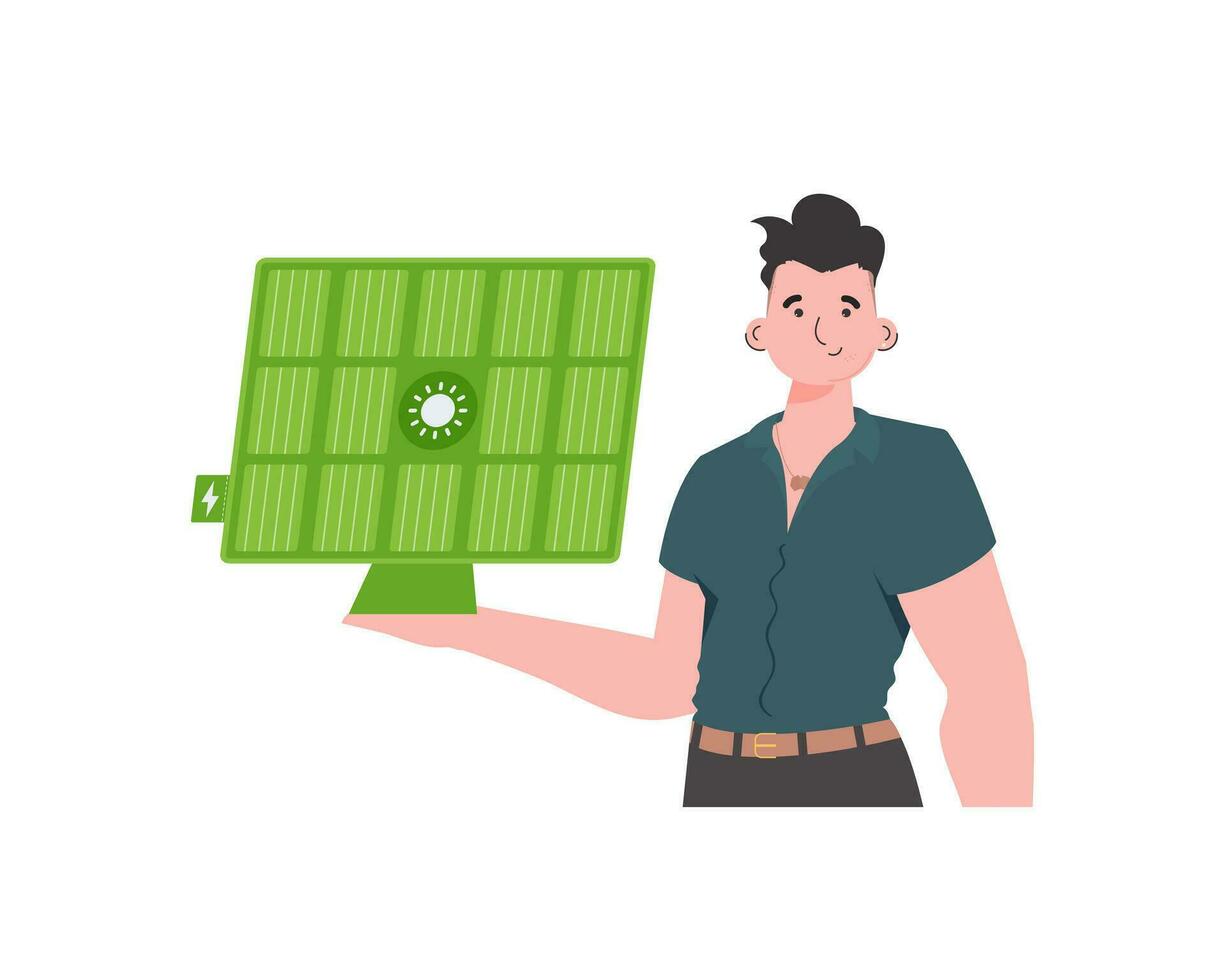 The guy is holding a solar panel in his hand. Eco energy concept. Isolated. trendy style. Vector illustration.