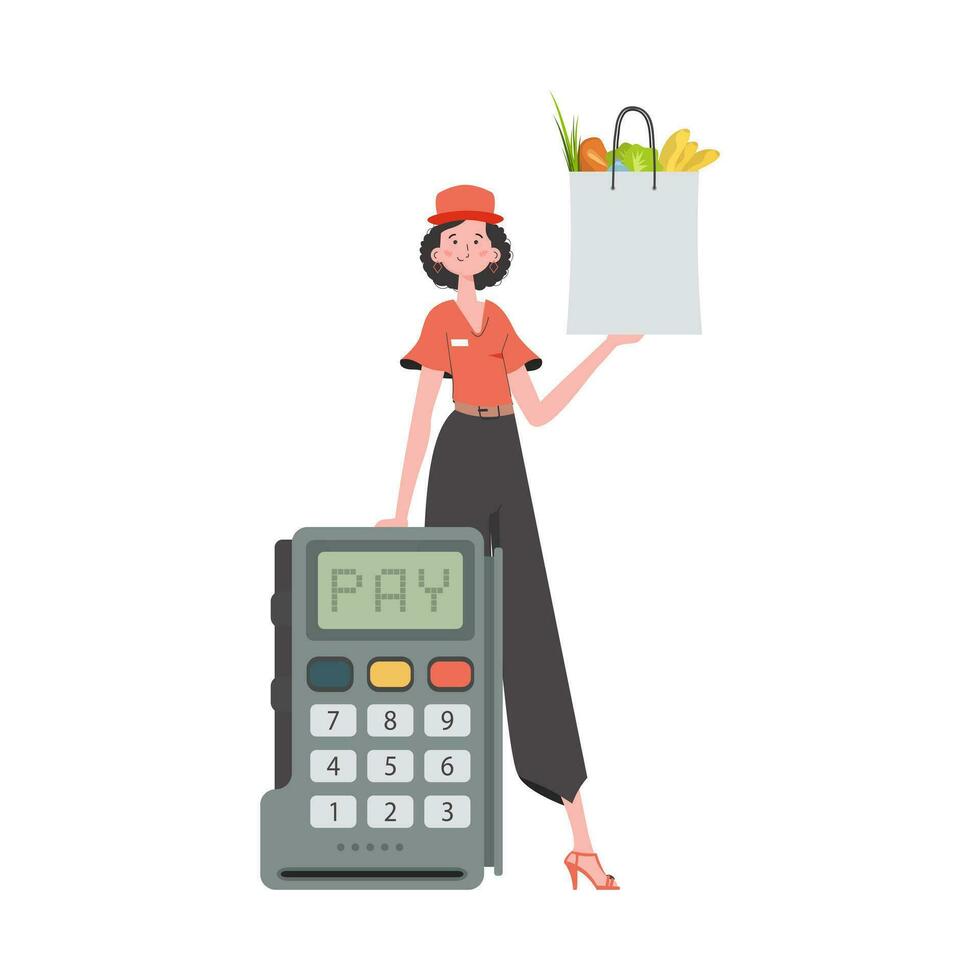 A woman is holding a grocery bag. Home products. Food delivery. Isolated. Trendy flat style. Vector. vector