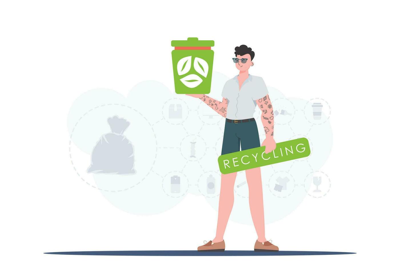 The concept of recycling and zero waste. A man holds an urn in his hands. Trendy character style. Vetcor. vector