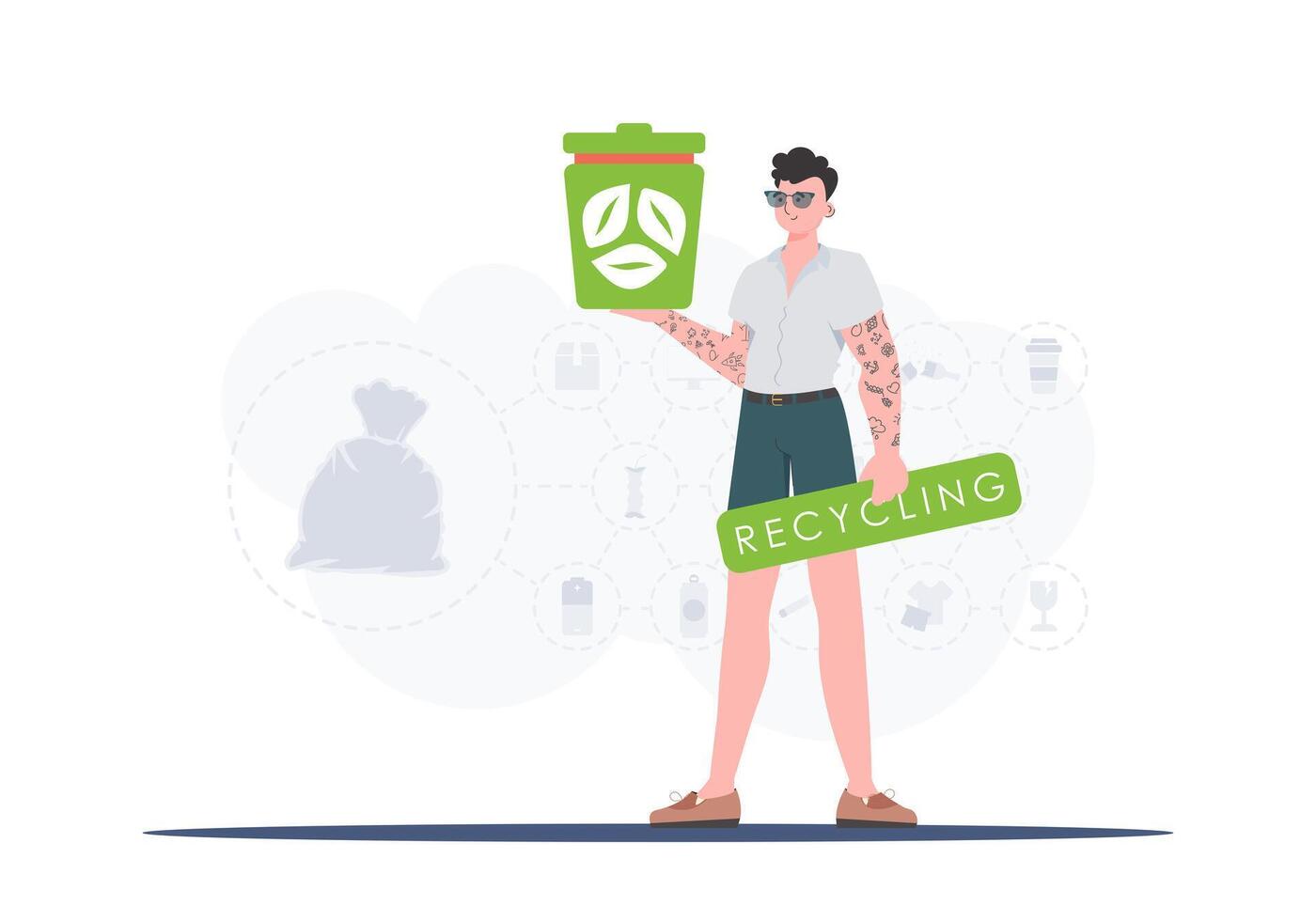 The concept of recycling and zero waste. A man holds an urn in his hands. Trendy character style. Vetcor. vector