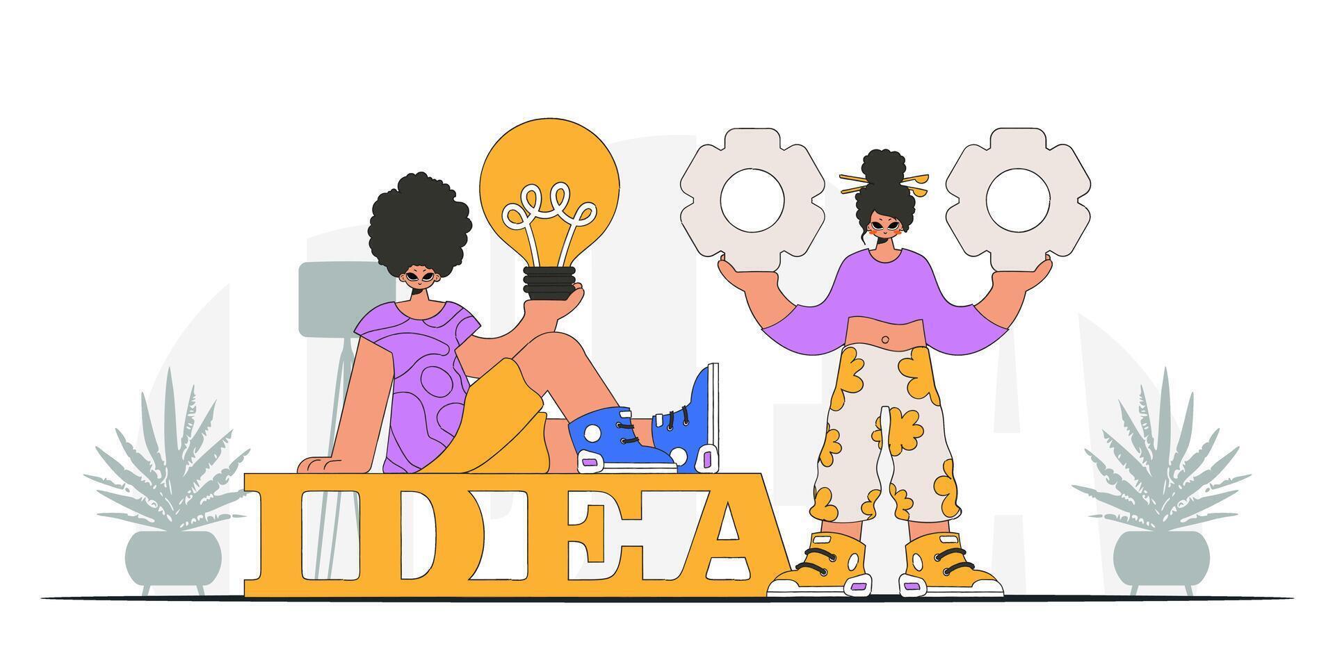 A fashionable guy and girl solves problems and generates ideas. Light bulb and gears in their hands. Idea theme. Retro trendy style. vector