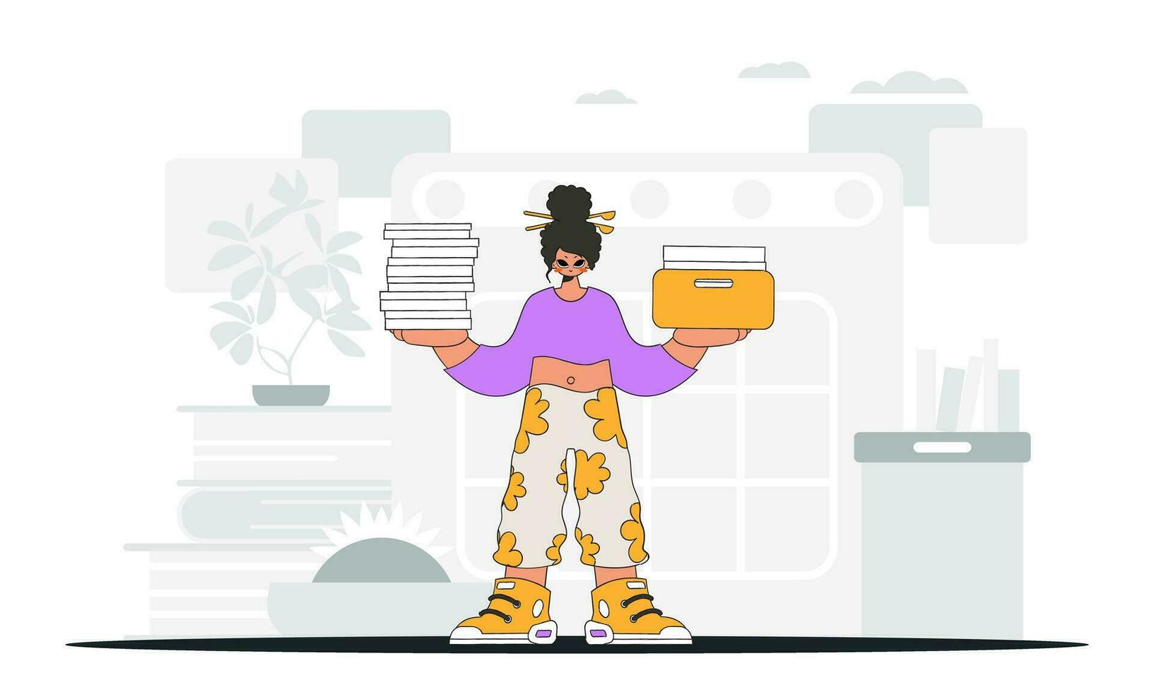 A fashionable woman holds a stack of documents in her hands. An illustration demonstrating the correct payment of taxes. vector