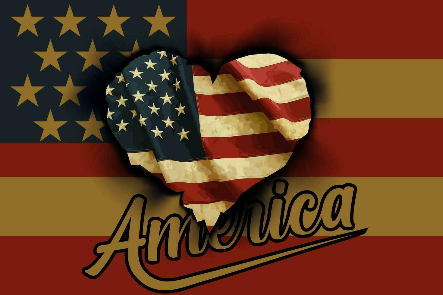 Vintage American flag in heart shape vector illustration with saying America