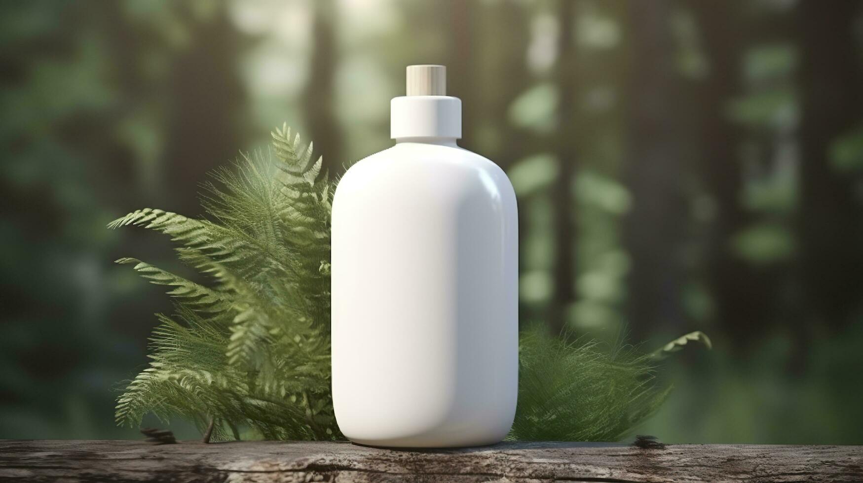 natural cosmetic product presentation backstage. outdoors forest placement. white blank jar shampoo bottle. 3d. AI Generative photo
