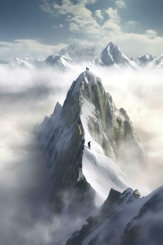 Man on top of mountain, walking through clouds, AI Generative photo