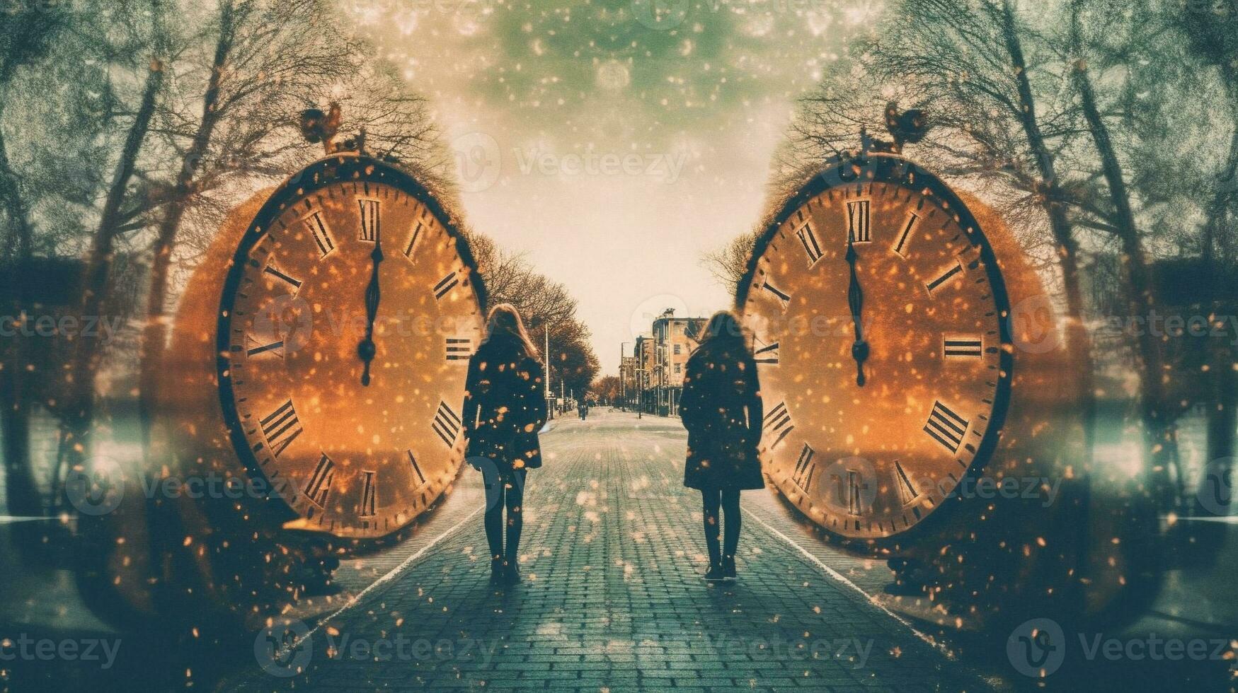 Generative AI, double exposure techniques to capture the concept of time travel. photo