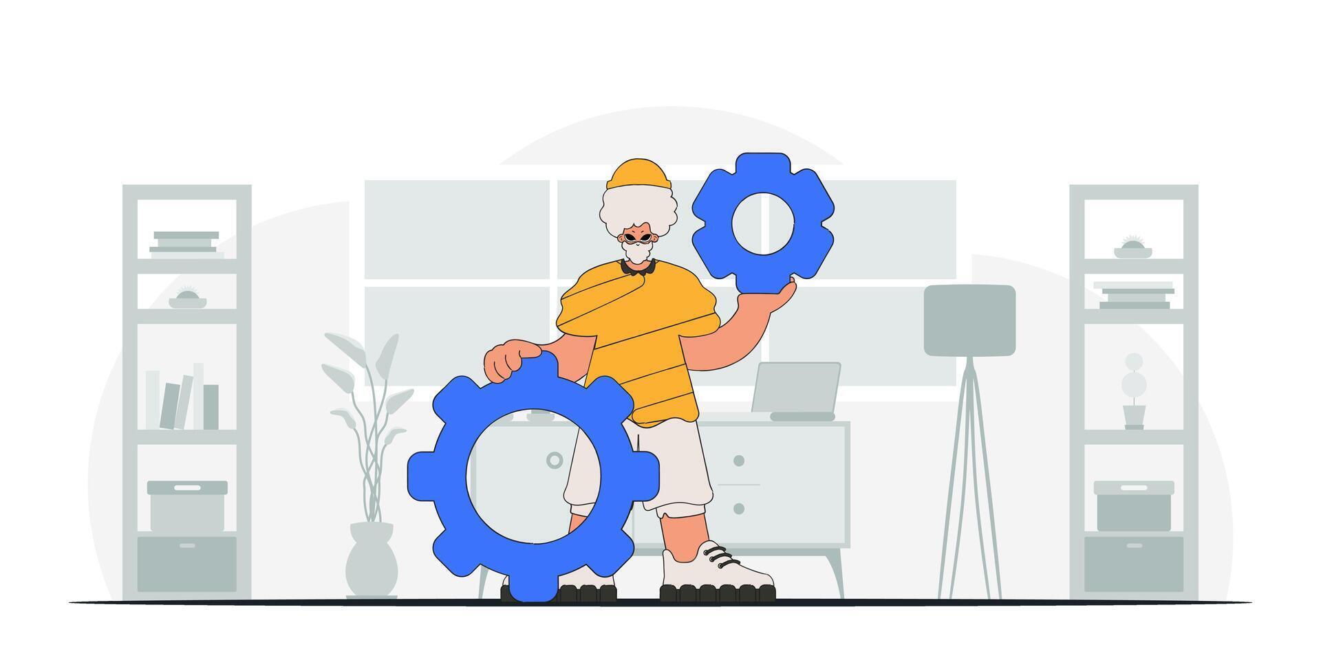 Gorgeous guy holds gears in his hands. Idea concept. trendy character. vector