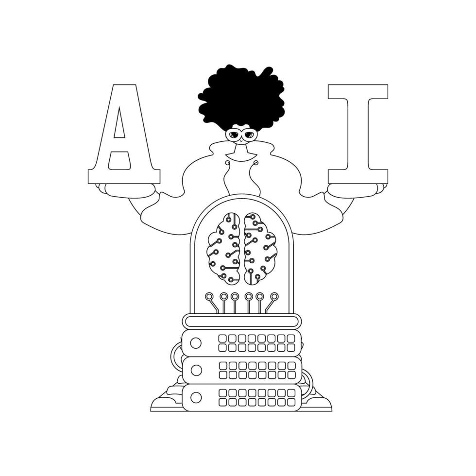 He holds the letters AI, embodying artificial intelligence in a linear, style design vector