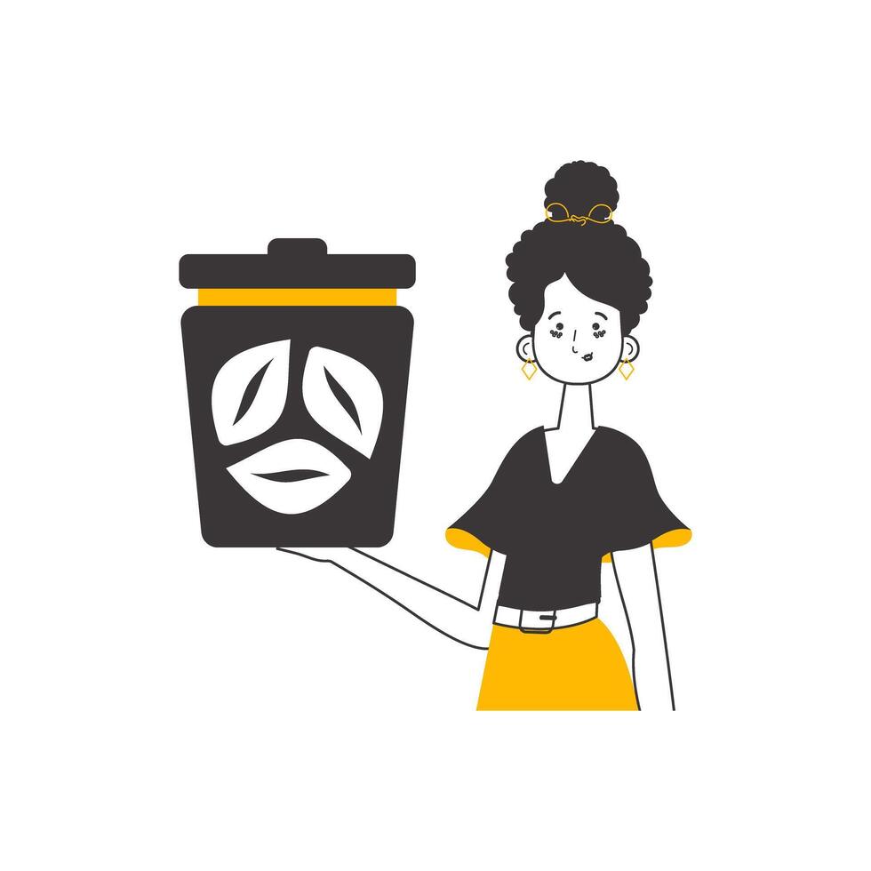 The girl is holding a trash can. The concept of recycling plastic and waste. Linear modern style. Isolated on white background. illustration. vector