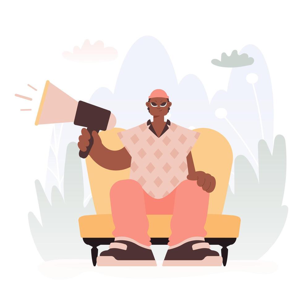 An illustration of a man sitting on a couch with a megaphone vector