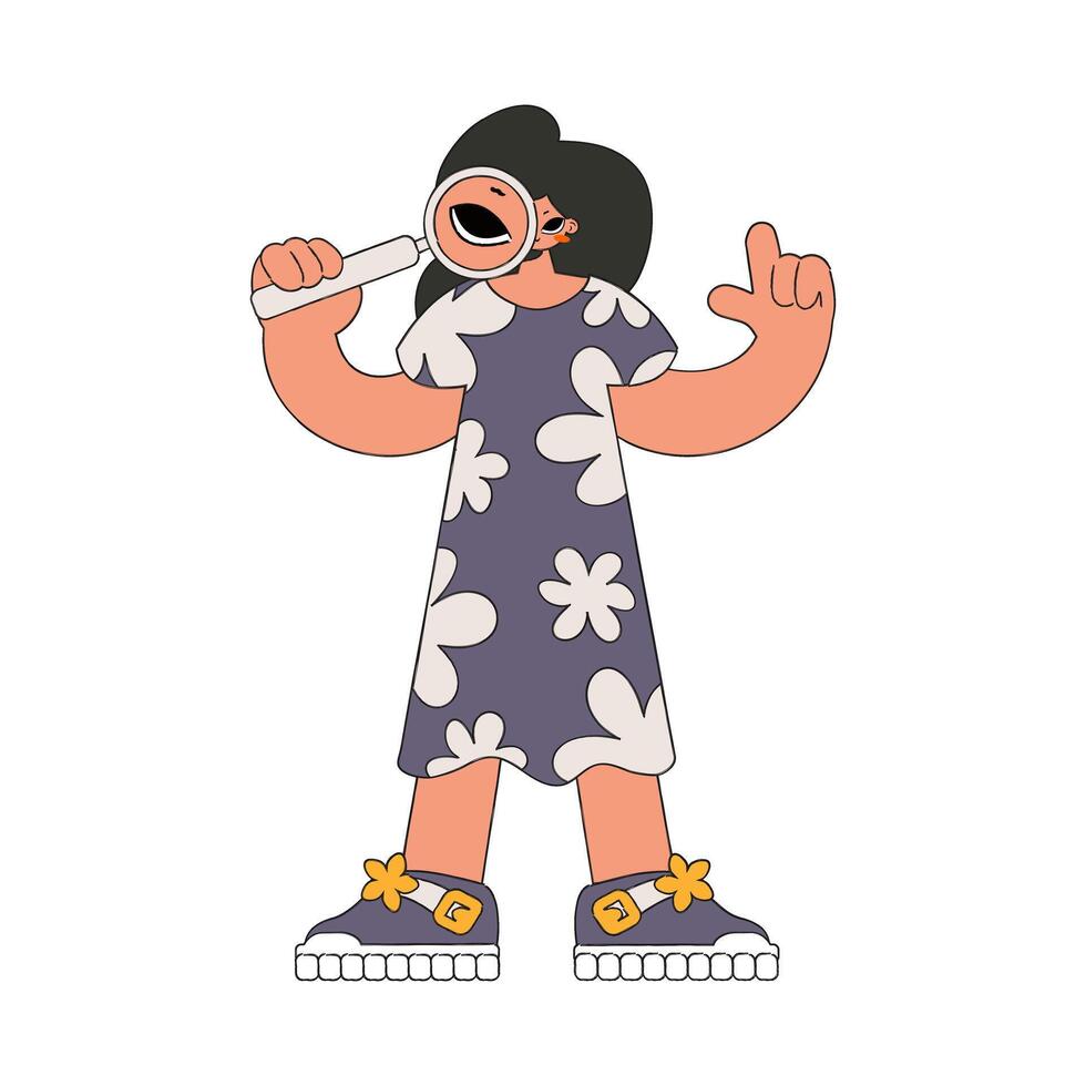 The girl is holding a magnifying glass. Search for the necessary information on the Internet. Linear retro style character. vector