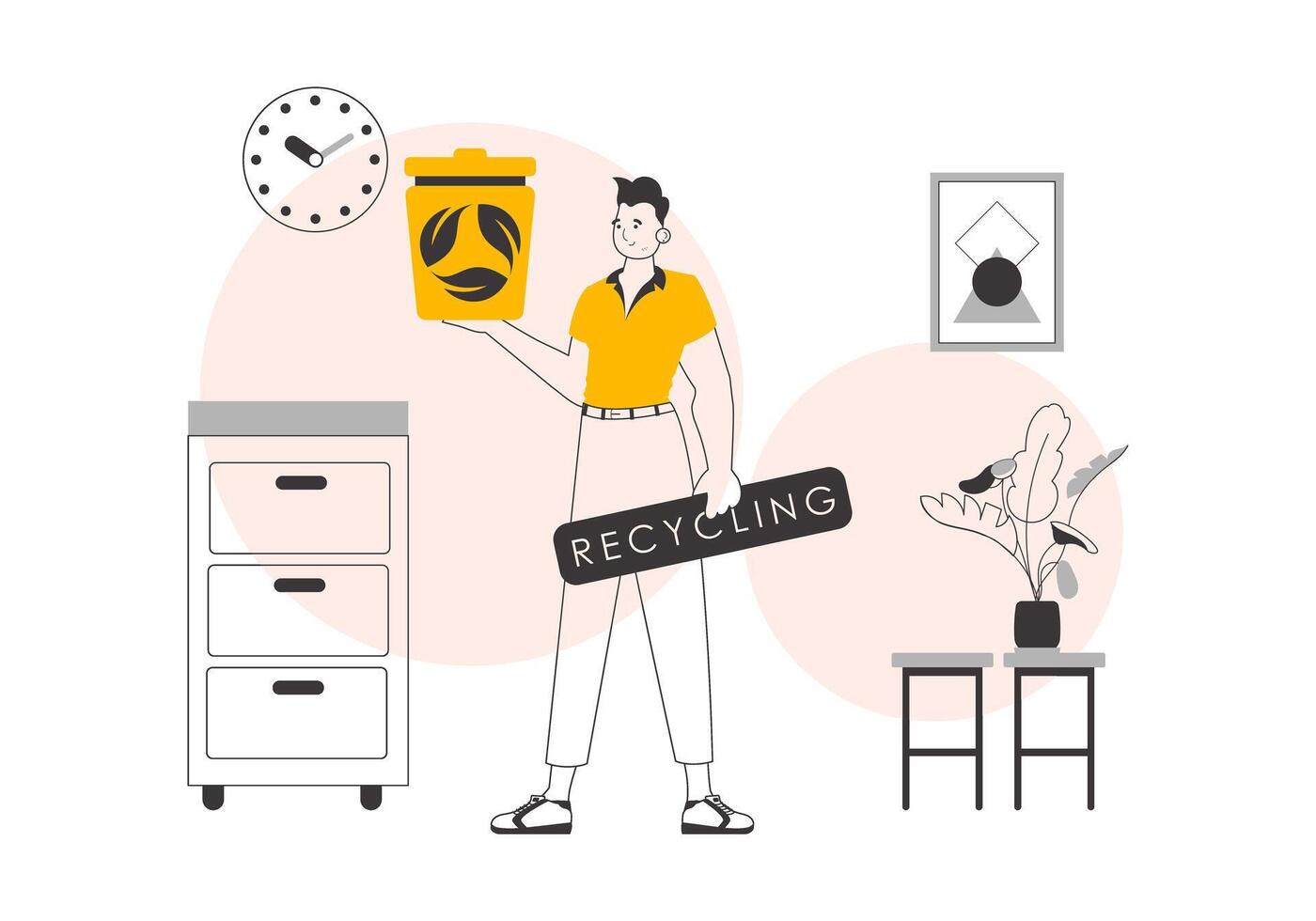 A man is holding a trash can. The concept of recycling plastic and waste. Lineart trendy style. vector