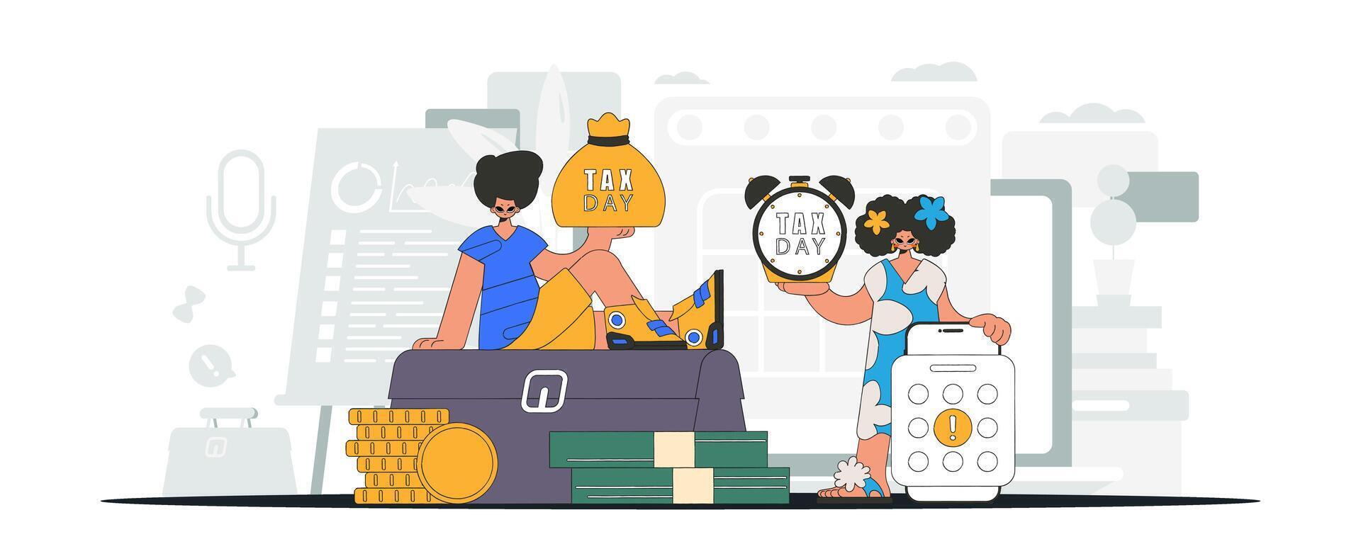 Fashionable guy and girl demonstrate paying taxes. An illustration demonstrating the correct payment of taxes. vector