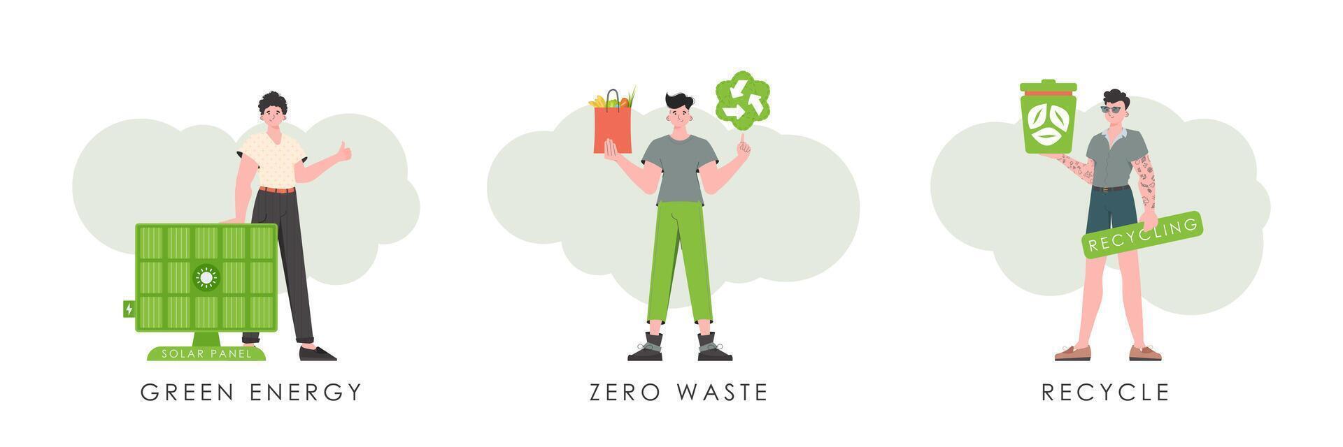 Set of men characters on the theme of ecology. trendy style. . vector