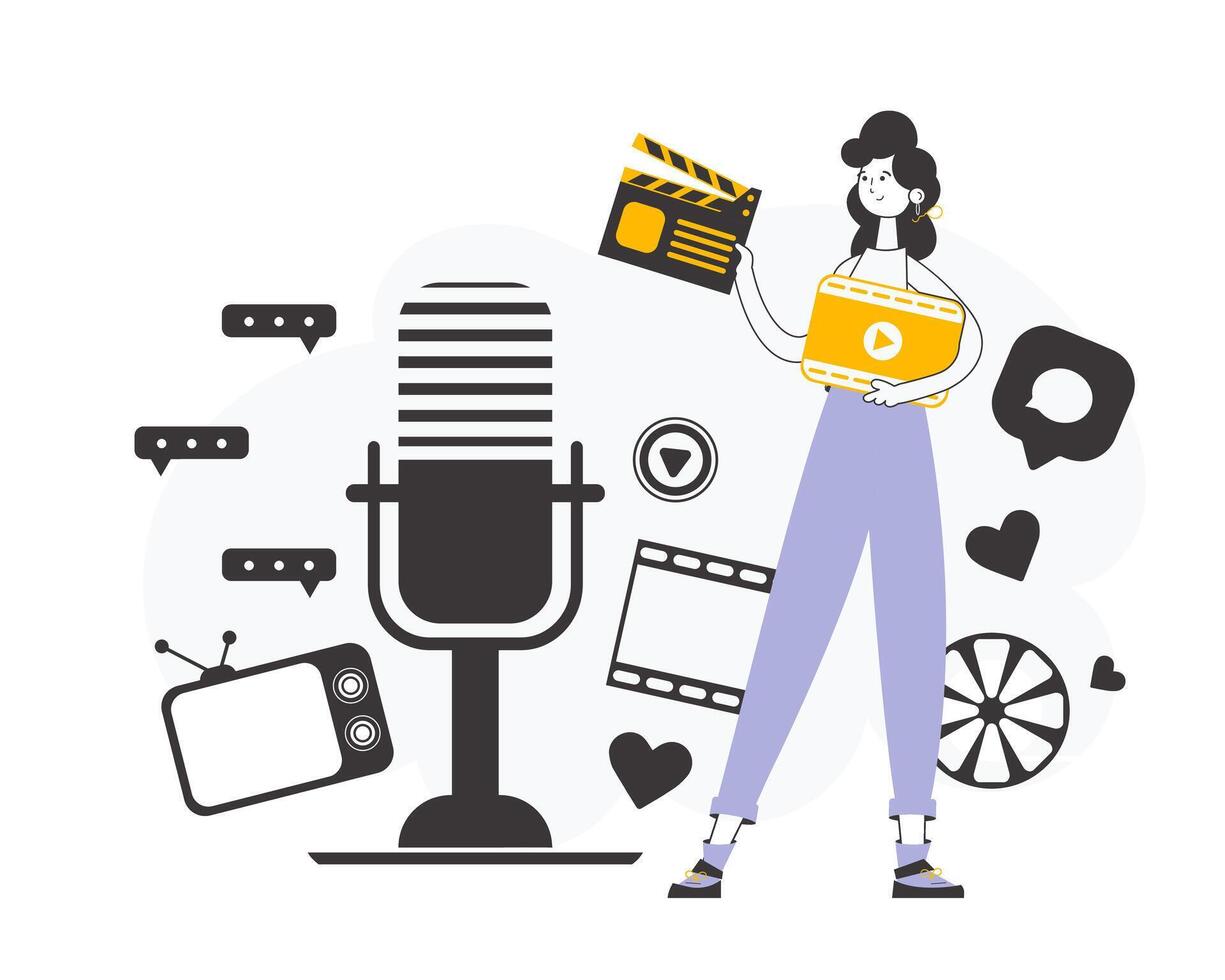 Line art trendy style. Girl blogger. The concept of social networking. Vector illustration.