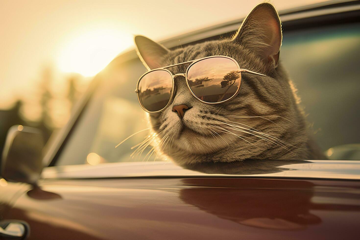 Capture a dreamy reflection by photographing a cat wearing sunglasses with a vintage Leica M6, highlighting the texture and contrast of an old timer car. AI Generative photo