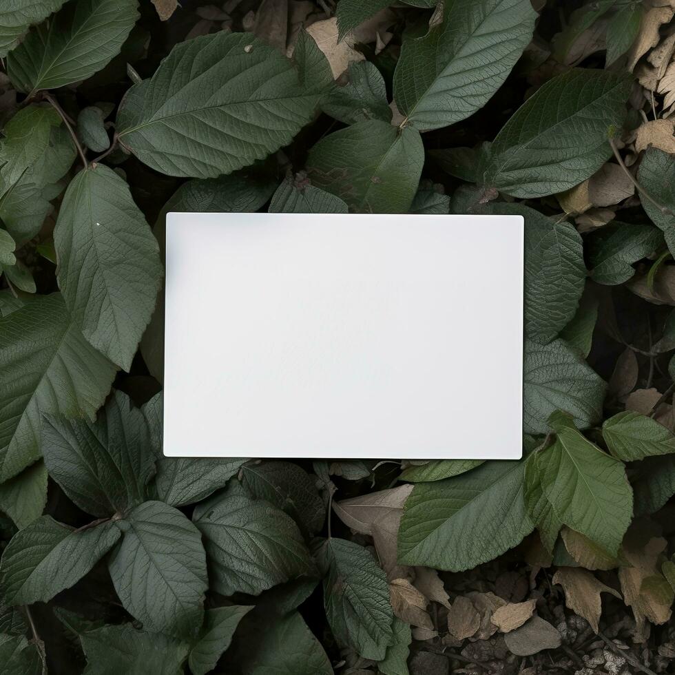 Blank business card on green leaves background. Generative AI photo