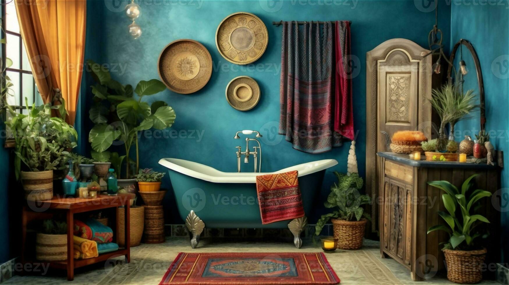 generativo ai, boho felicidad un vibrante y relajante baño diseño foto