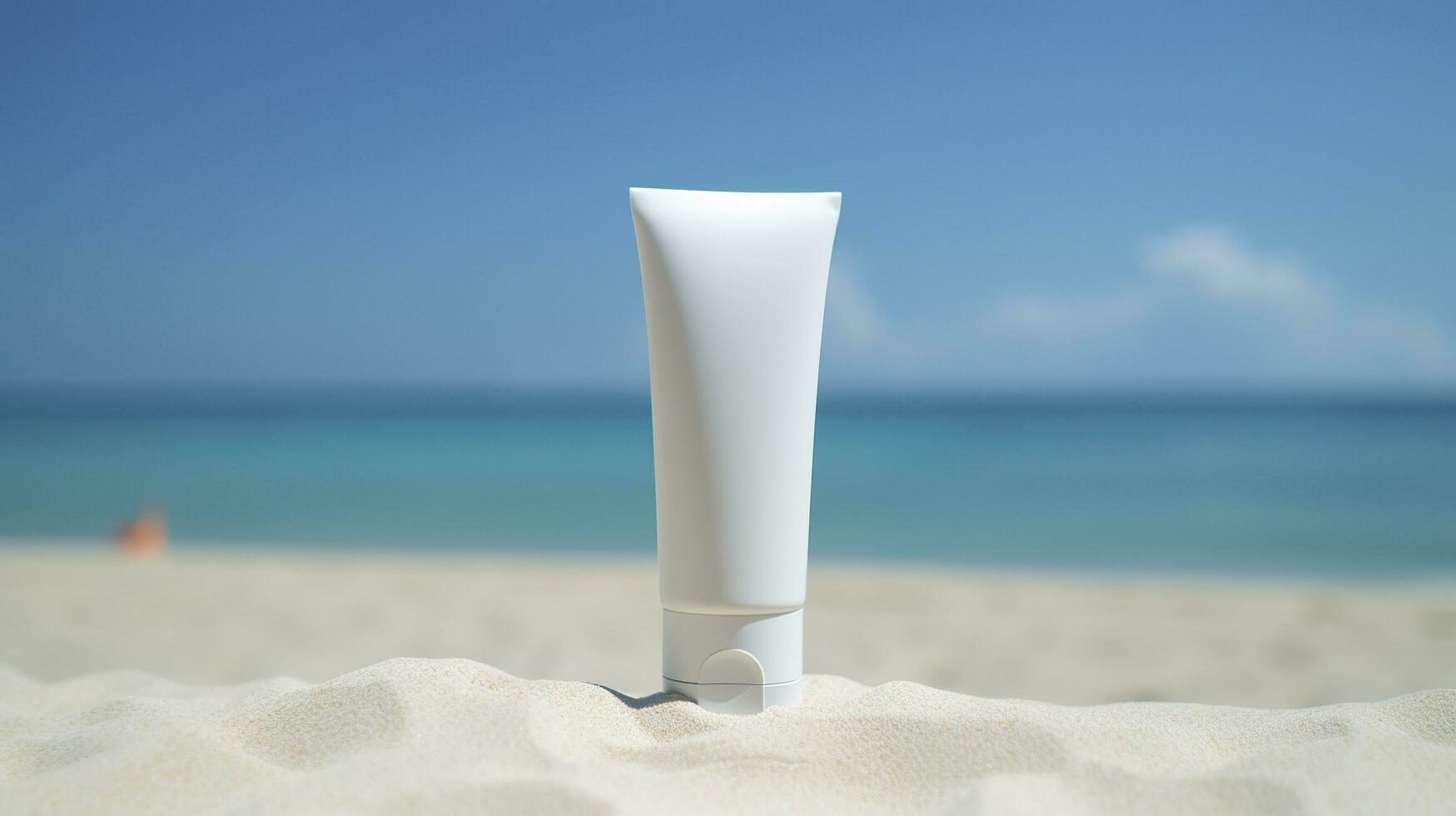 Blank empty white plastic tube. Sunscreen lotion on a sandy beach, summer composition with sunglasses, blue sea as background, copy space. Summer vacation and skin care concept, AI Generative photo