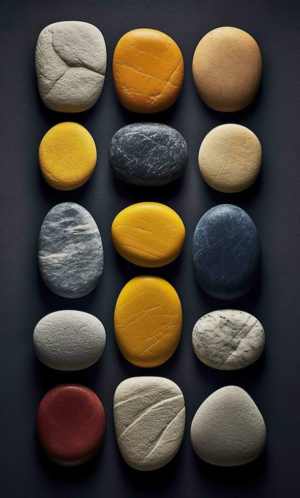 Some colorful stones are displayed, dark navy and yellow, AI Generative photo