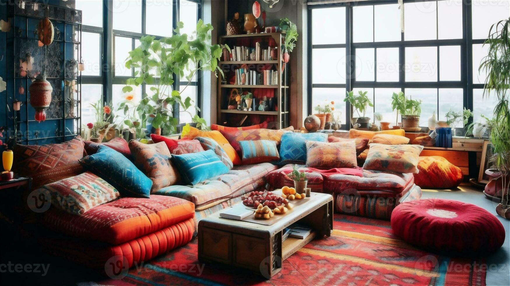 Generative AI, Bohemian Oasis A Colorful and Eclectic Living Room photo