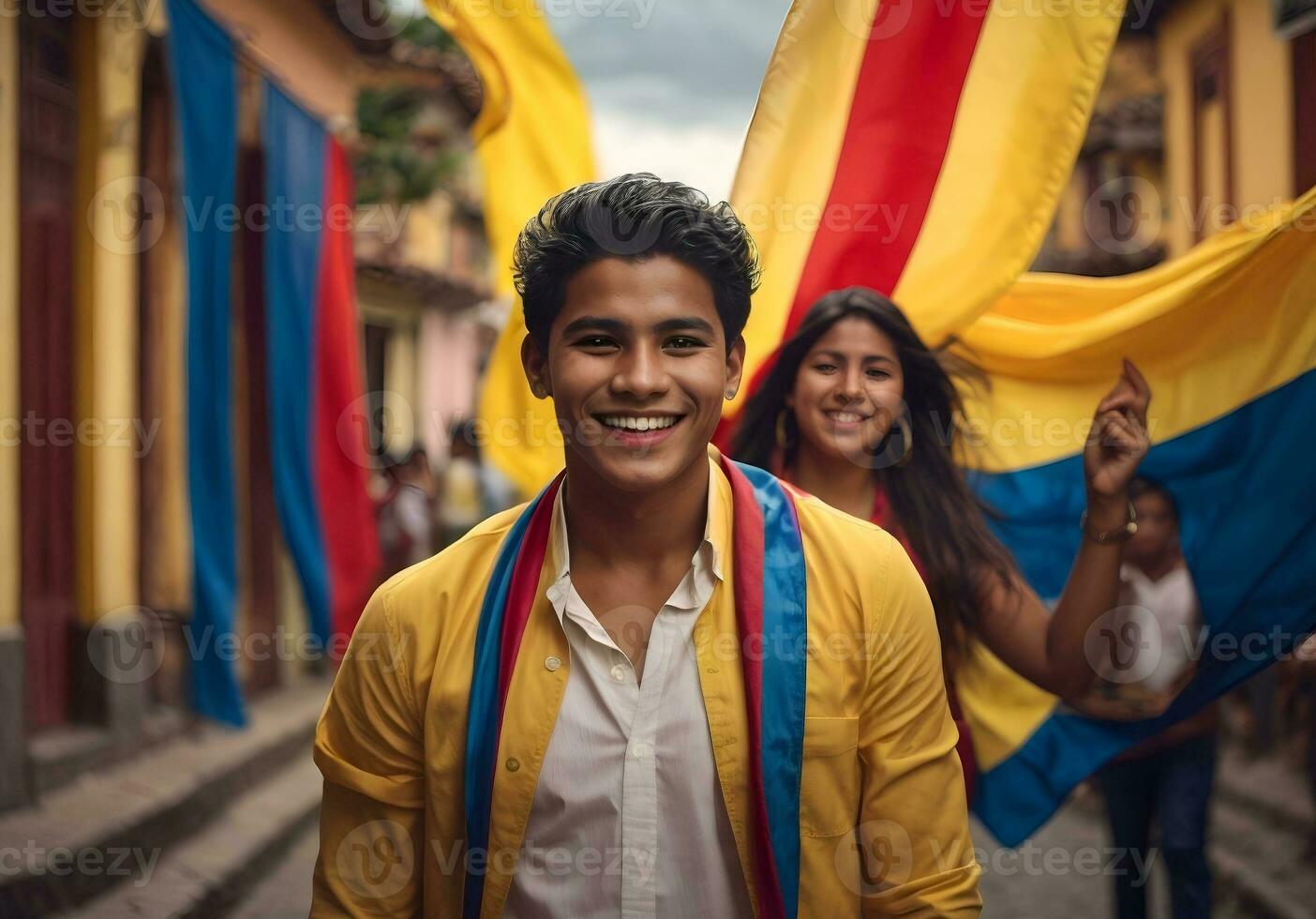 Group of happy young Colombian friends with Colombian flags in the streets photo