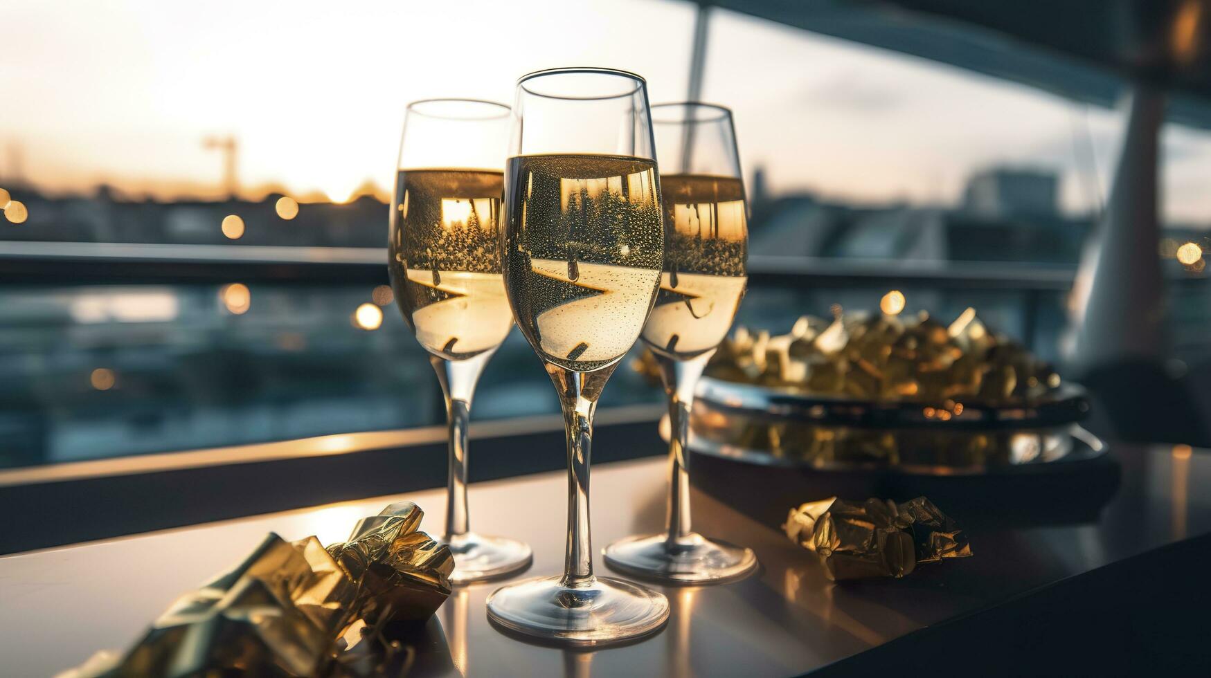 Luxury evening party on a cruising yacht with a champagne setting. Champagne glasses and bottles with champagne with bokeh yacht in the background, nobody. AI Generative photo