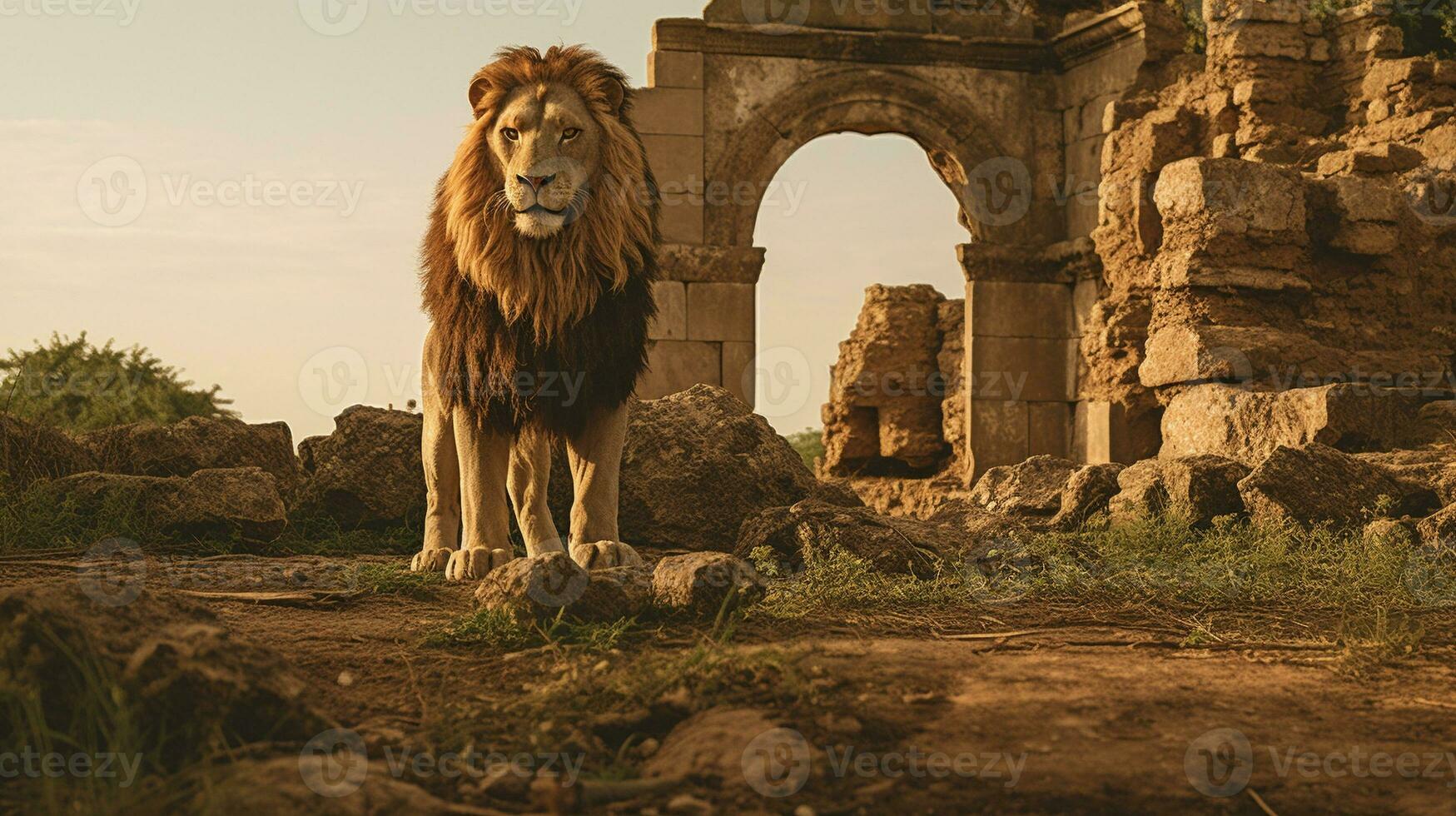 Echoes of Majesty Lion's Journey Through Ancient Ruins photo