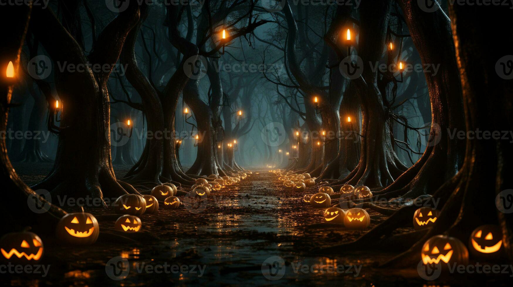 Jack-o'-Lanterns in a Spooky Forest, Generative AI photo