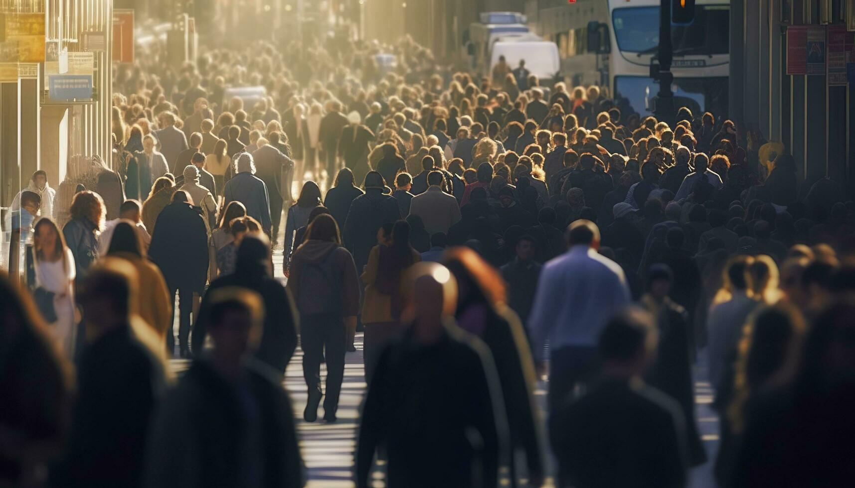 Crowd of people walking busy city street backlit. Generative AI photo