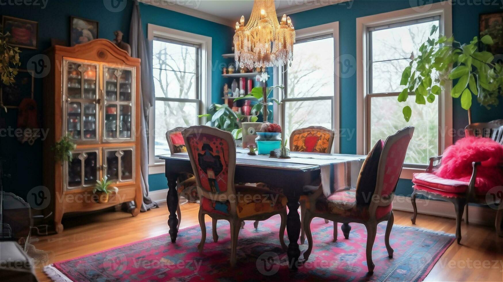 Generative AI, Boho-Chic Dining Room A Colorful and Eclectic Space photo