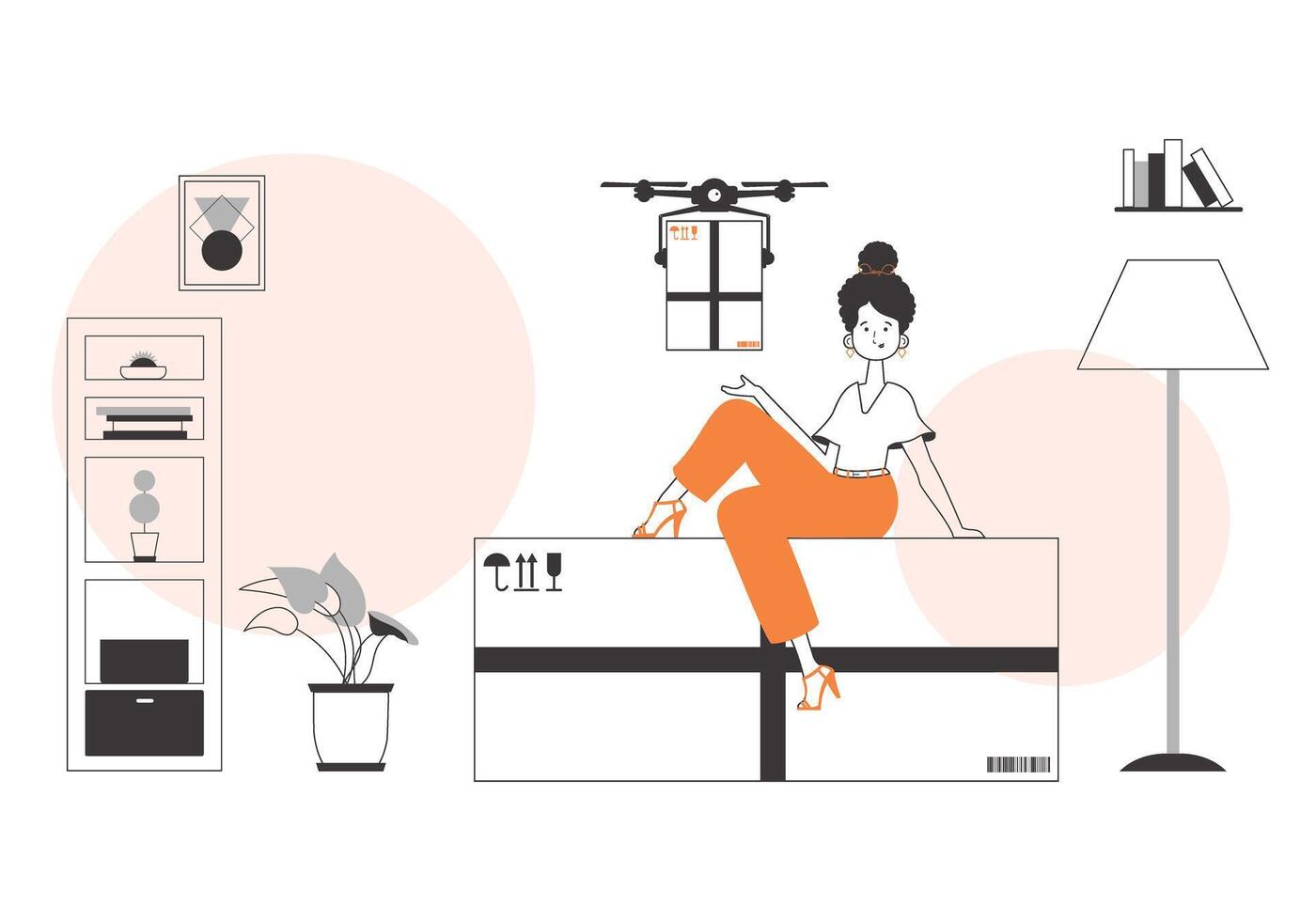 The girl sends a parcel with a drone. Drone delivery concept. Linear style. vector