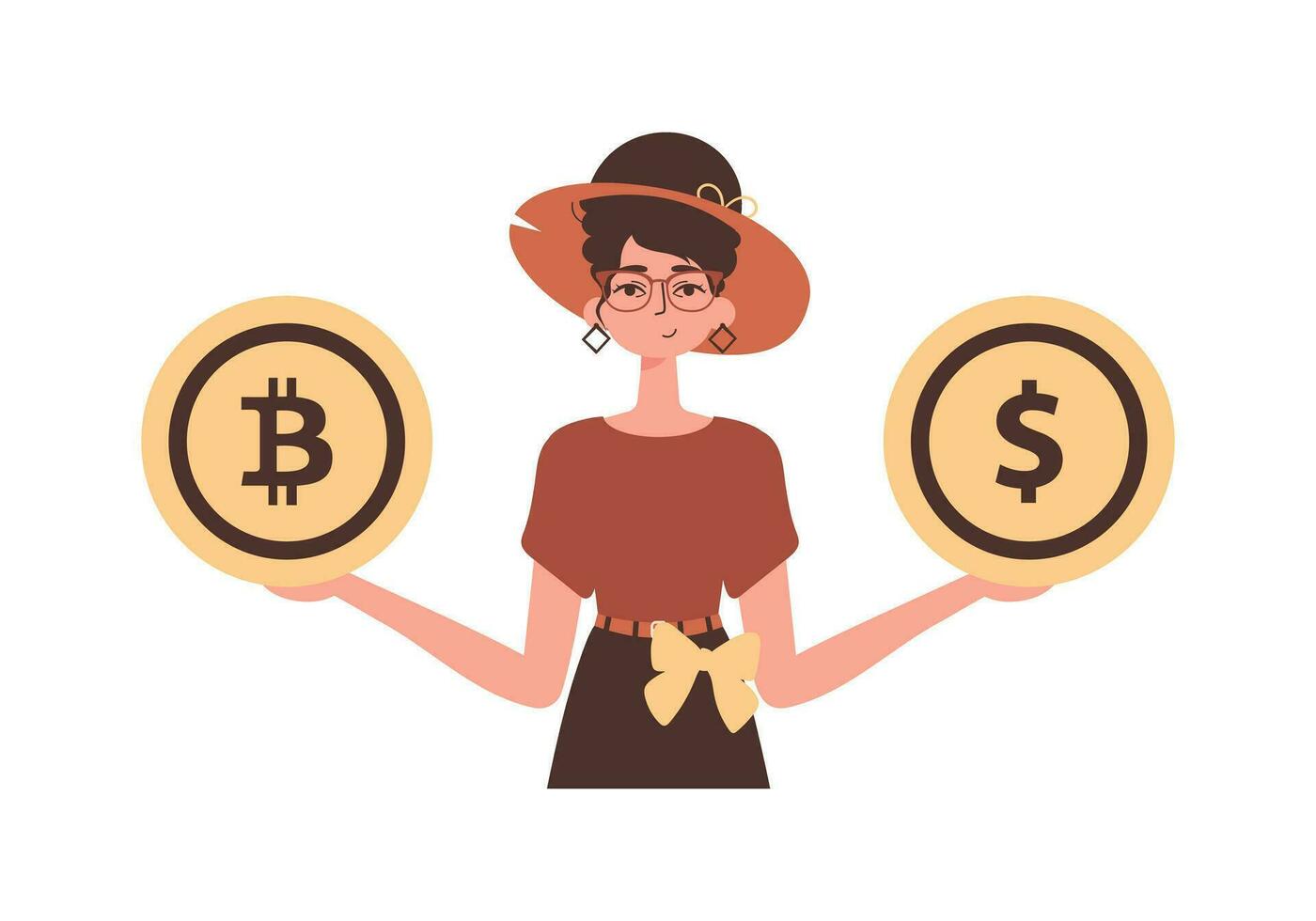 el niña sostiene un bitcoin y un dólar en su manos. personaje en de moda estilo. vector