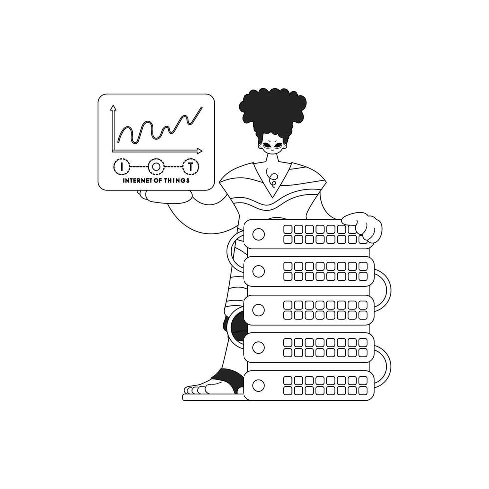 Man and cloud server for IoT, linear illustration vector