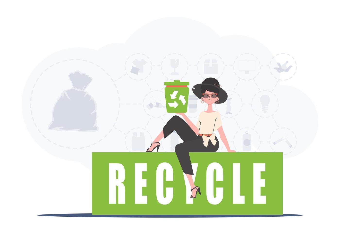 The girl sits and holds a trash can in her hand. The concept of recycling and zero waste. Trendy character style. Vetcor. vector
